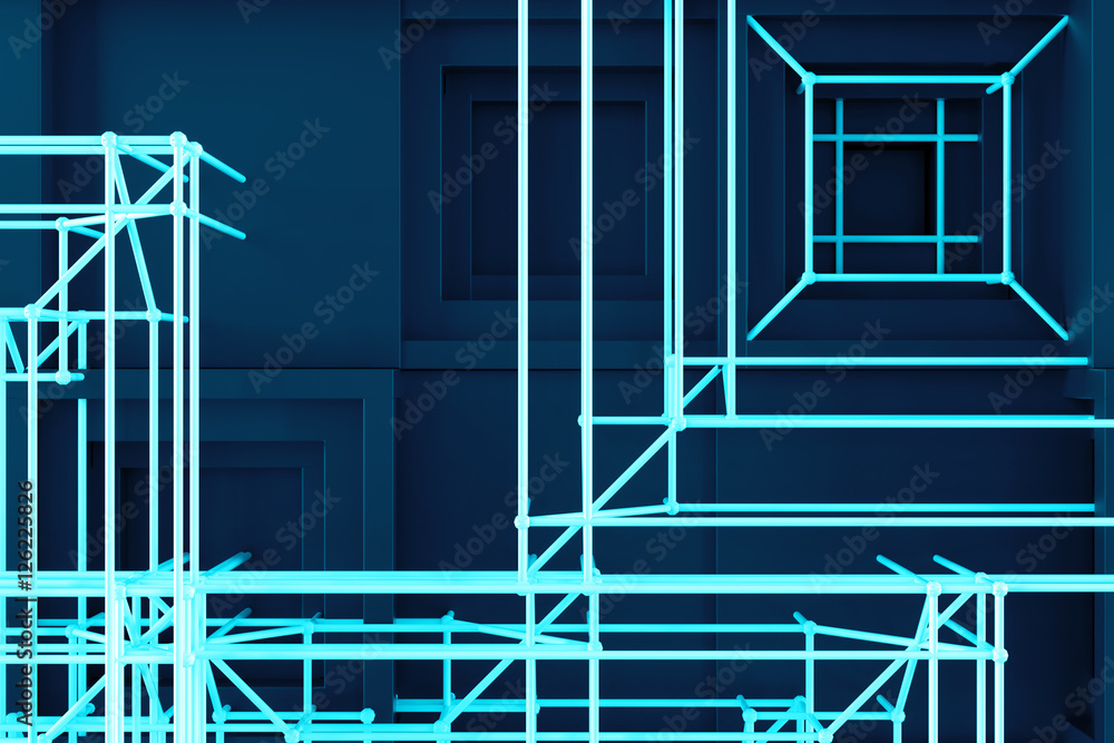 Poster abstract 3d rendering of several cubes. background made of repetitive square blocks. digital detaile