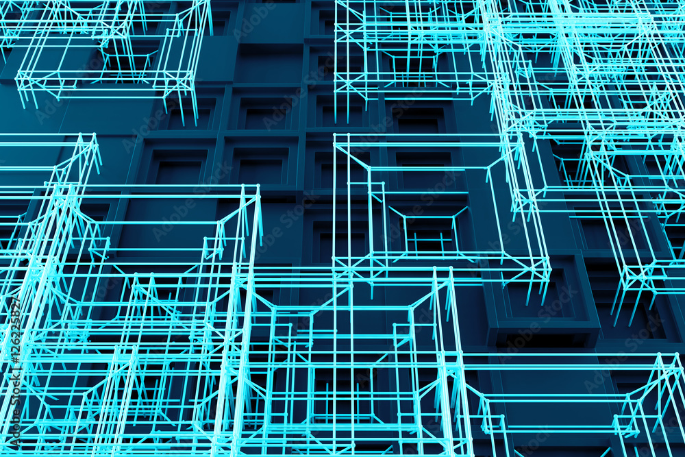 Poster abstract 3d rendering of several cubes. background made of repetitive square blocks. digital detaile