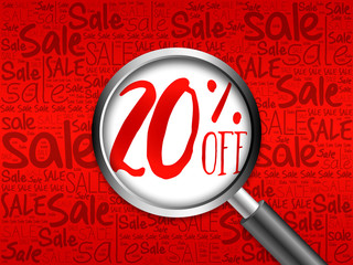 20% OFF sale word cloud with magnifying glass, business concept 3D illustration