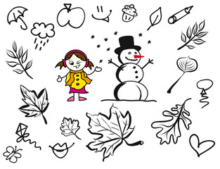 Kindergarten Kind mit Schneemann, Freihandskizze Vektor Illustra