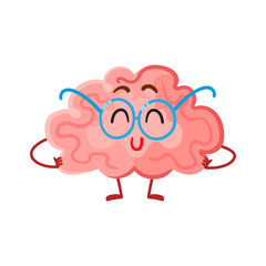 Funny smiling brain in round glasses, cartoon vector illustration on white background. Cute brain character in nerdy glasses as a symbol of brain training, education and development