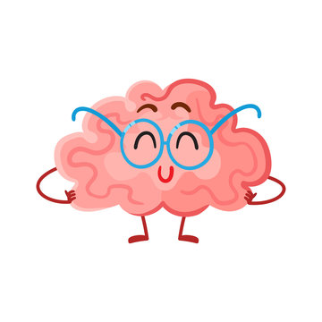 Funny smiling brain in round glasses, cartoon vector illustration on white background. Cute brain character in nerdy glasses as a symbol of brain training, education and development