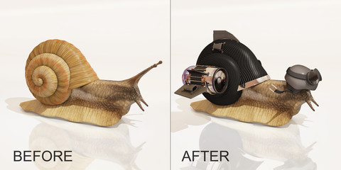 snail, before and after upgrade, 3d rendering - obrazy, fototapety, plakaty