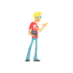 Programmer Talking Holding A Lap Top Funny Character