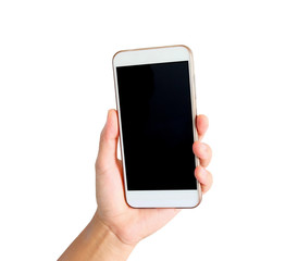 Woman hand holding the white smartphone.