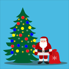 Santa Claus near the tree on a blue background