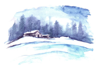 Watercolor winter pattern. Country landscape. The picture shows a house, spruce, pine, forest, snow and drifts.