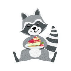 Cute Raccoon Character Sitting With Plate  Piece Of Cake