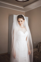 Portrait of beautiful bride with fashion veil at wedding morning.  dress