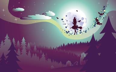 Obraz na płótnie Canvas Flying Witch in the Woods