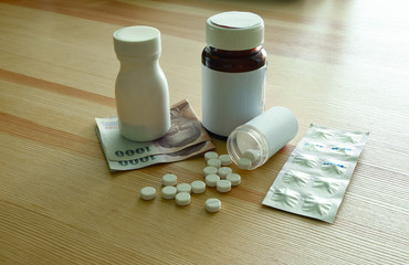 Medicine and Pill for Healthy and life insurance on wood table white background