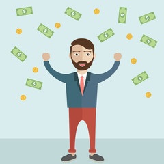 Business man under a money rain. Happy man with flying money.
