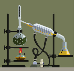 apparatus for distillation, purification and separation of volatile liquids. The installation consists of round-bottom flask, reflux condenser, thermometer, spiral refrigerator, flat-bottomed flask