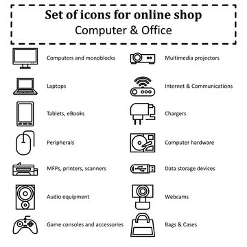 Set of icons of various computer equipment for sections of onlin