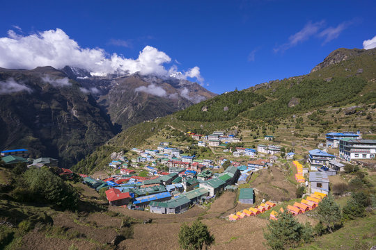 View on Namche Bazar in sunny day, Khumbu district, Nepal. No retouch.