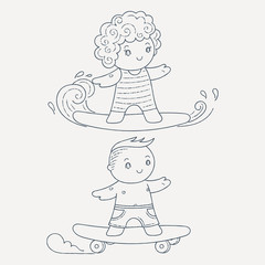 Illustration of a Kids on a Surfboard and Skateboard.
