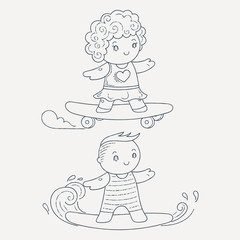 Illustration of a Kids on a Surfboard and Skateboard.