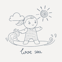 Illustration with a Kid on a Surfboard Riding a Wave