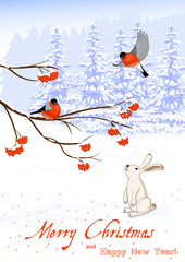 Christmas and New Year Greeting Card with Bullfinch Birds on a Rowan Tree Branch and White Hare collect berries in winter forest. Vector illustration