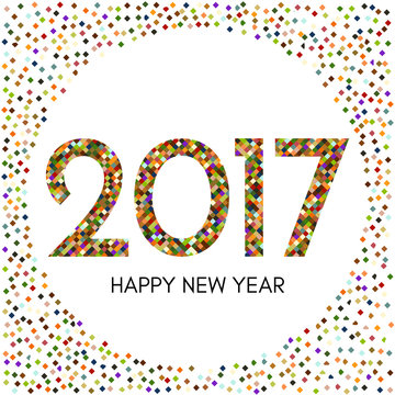 Happy New Year 2017 label with colorful confetti. New Year and Xmas Design Element Template. Vector Illustration.
