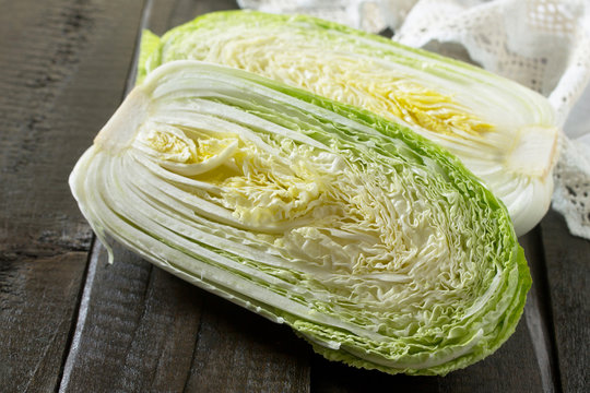 Fresh Chinese cabbage on vintage wooden background.