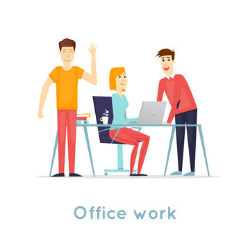 Business characters. Co working people, meeting, teamwork, collaboration and discussion, conference table, brainstorm. Workplace. Office life. Isolated background. Flat design vector illustration.