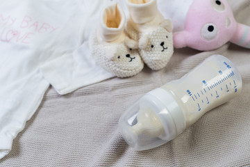 set of fashion trendy clothes and kids stuff for little baby girl