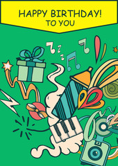 Happy birthday background abstract vector illustration. Party and celebration design cards. Illustration of balloon, gifts, fireworks, ribbon, confetti, cake, pie, drinks. omics style