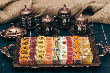 traditional eastern desserts on wooden background