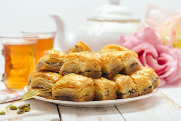  traditional eastern desserts on wooden background