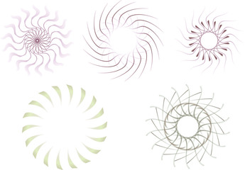 Circles in abstract with pinks and greens, vector illustration, sunburst, star, frame or border, set of 5