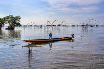 Fishermen thai style fishing trap in Pak Pra Village, Net Fishing Thailand, Thailand Shrimp Fishing, Phatthalung, Thailand.