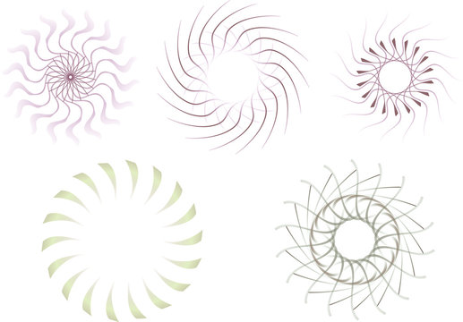 Circles in abstract with pinks and greens, vector illustration, sunburst, star, frame or border, set of 5