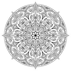 Mandala. Round black and white oriental pattern. Arabic, Indian, American ethnic ornament such as adult coloring book, tattoo, batik, t-shirt print. Vector illustration.