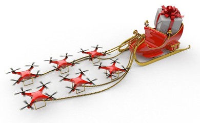 3D Illustration of sleigh being pulled by drones - obrazy, fototapety, plakaty