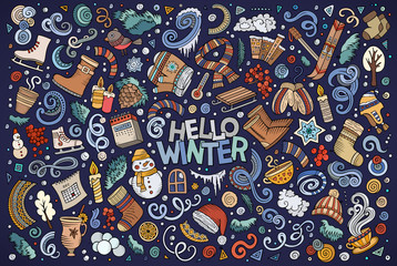 Naklejka premium Cartoon set of Winter season objects