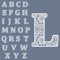 Templates for cutting out letters. Full English alphabet.  May be used for laser cutting. Fancy lace letters. - obrazy, fototapety, plakaty