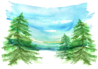 Tree, fir, pine, cedar watercolor. card, illustration, invitation
