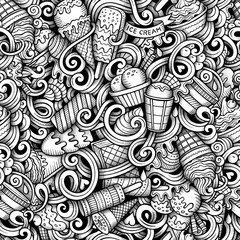 Cartoon hand drawn ice cream doodles seamless pattern