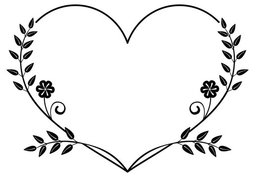 Heart-shaped black and white frame with floral silhouettes.