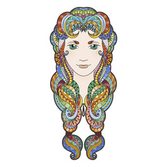 Naklejka premium Beautiful girl with intricately patterned, zentangle braid and bright eyes.