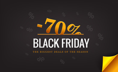 Black Friday banner with 70% discount. Big deals. Gold luxury text on the dark background. Sale Discount banners, labels, prints posters, website. Vector illustration for premium retail store.