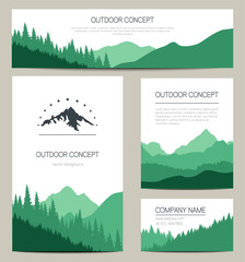 Set of green mountains and forest backgrounds. Vector templates design for business cards, greeting, prints, web design, invitation and banners. Set of stylish cards in outdoor style.