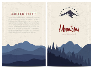 Set of stylish outdoor cards template. Vector backgrounds with blue mountains. Front and back page.