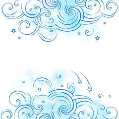 Fototapeta na wymiar Blue dream cloud and shooting stars boho doodle background vector