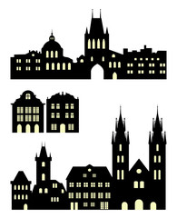 Fototapeta premium Set of european city silhouettes. Prague historic buildings. Vector black icons on white.