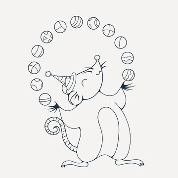 Illustration with a cheerful rat playing with a balls. Coloring page.
