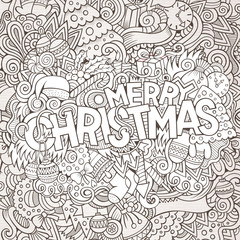 Fototapeta premium Merry Christmas hand lettering and doodles elements background. 