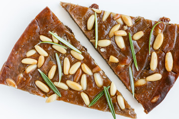 Two slices of Castagnaccio (chestnut cake, Tuscany, Italy)