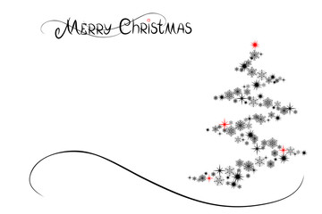 Merry Christmas and Happy New Year. Vector illustration of stylized christmas tree with snowflakes and greeting text for cards, poster and banners design.